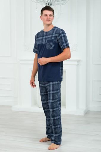 Пижама мужская из футболки с коротким рукавом и брюк из кулирки Макс темно-синяя клетка (Фото 2)
