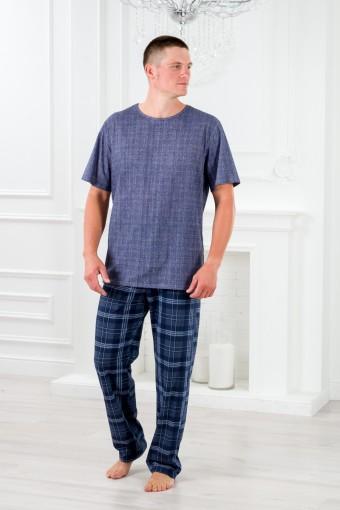 Пижама мужская из футболки с коротким рукавом и брюк из кулирки Генри темно-синяя клетка - Ивтекс-Плюс