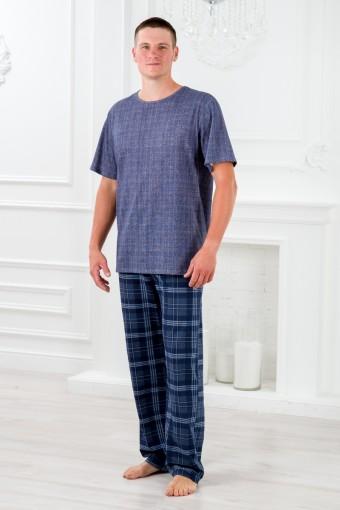Пижама мужская из футболки с коротким рукавом и брюк из кулирки Генри темно-синяя клетка макси (Фото 2)