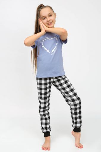 91241 Пижама для девочки (футболка, брюки) (Голубой/черная клетка) - Ивтекс-Плюс
