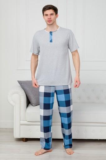 Пижама мужская из футболки с коротким рукавом и брюк из кулирки Француа клетка индиго - Ивтекс-Плюс