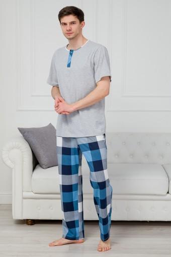 Пижама мужская из футболки с коротким рукавом и брюк из кулирки Француа клетка индиго макси (Фото 2)