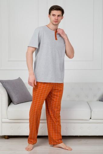 Пижама мужская из футболки с коротким рукавом и брюк из кулирки Француа клетка на кирпичном - Ивтекс-Плюс