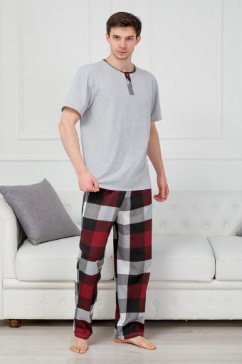 Пижама мужская из футболки с коротким рукавом и брюк из кулирки Француа клетка бордо - Ивтекс-Плюс