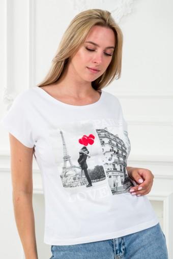 Футболка женская со спущенным плечом из кулирки Лира белый с принтом Paris (Фото 2)