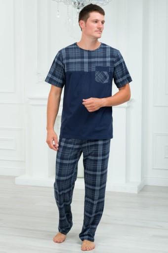 Пижама мужская из футболки с коротким рукавом и брюк из кулирки Макс темно-синяя клетка - Ивтекс-Плюс