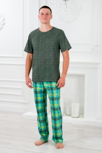 Пижама мужская из футболки с коротким рукавом и брюк из кулирки Генри бирюзовая клетка - Ивтекс-Плюс
