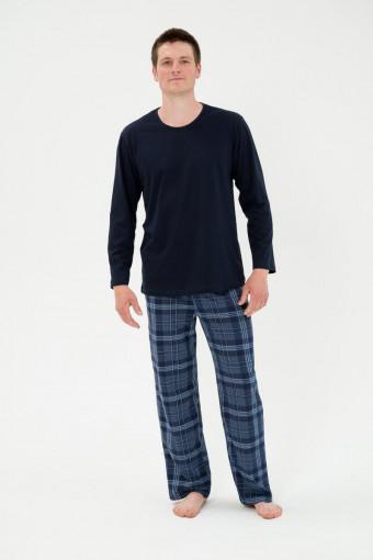 Пижама мужская из футболки с длинным рукавом и брюк из кулирки Генри темно-синяя клетка (Фото 2)