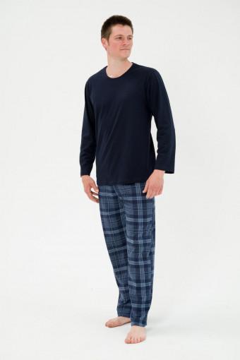 Пижама мужская из футболки с длинным рукавом и брюк из кулирки Генри темно-синяя клетка - Ивтекс-Плюс