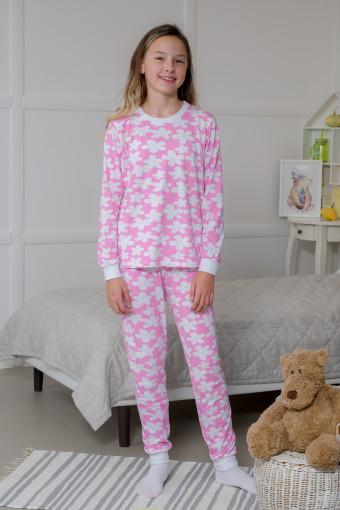 Пижама подростковая из кулирки пенье на манжетах Дрёма цветы розовый (Фото 2)