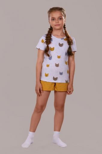 Пижама для девочки Кошки арт.ПД-009-024 (Серый меланж/горчичный) - Ивтекс-Плюс