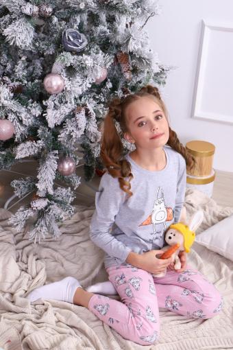Пижама для девочки Зайцы-морковки арт. ПД-15-048 (Серый меланж/розовый) - Ивтекс-Плюс