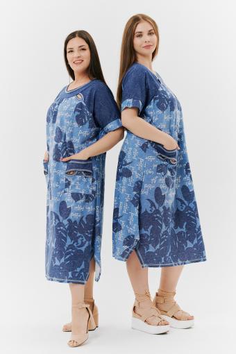 Платье 9136 (Монстеры синие) - Ивтекс-Плюс
