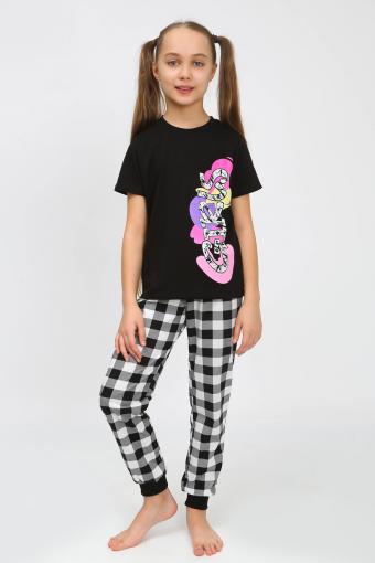 91240 Пижама для девочки (футболка, брюки) (Черный/черная клетка) - Ивтекс-Плюс