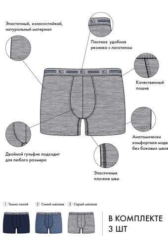 Набор трусов (3 шт.) BeGood UM1202 Underwear (Темно-синий/синий меланж/серый меланж) (Фото 2)