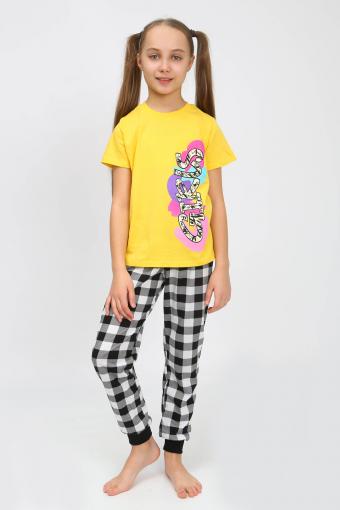 91240 Пижама для девочки (футболка, брюки) (Желтый/черная клетка) - Ивтекс-Плюс