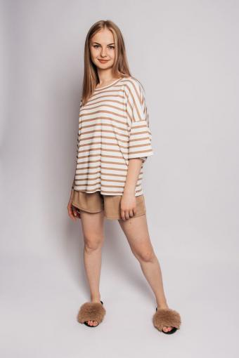 Комплект женский (футболка_шорты) 4357 (Белый/коричневая полоска) - Ивтекс-Плюс