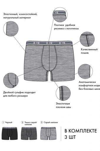 Набор трусов (3 шт.) BeGood UM1202B Underwear (Черный/темно-серый меланж/серый меланж) (Фото 2)