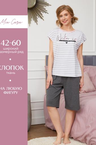 Комплект жен: фуфайка (футболка), шорты Mia Cara SS23WJ354 Sweety Wink темно-серый меланж/полоска (Темно-серый меланж/полоска) - Ивтекс-Плюс