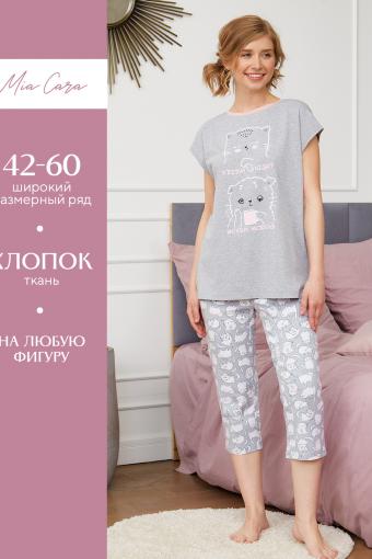Комплект жен: фуфайка (футболка), брюки укороченные (бриджи) Mia Cara SS23WJ353 Sweety Wink (Серый меланж/кошка) - Ивтекс-Плюс