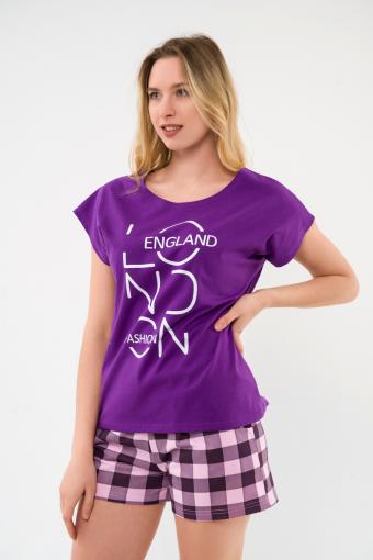 Пижама женская из футболки и шорт из кулирки Алиса фиолетовый (Фото 2)
