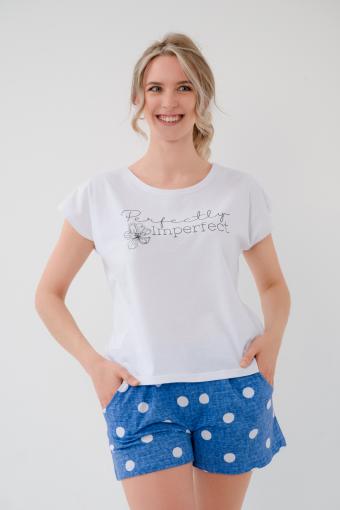 Пижама женская из футболки и шорт из кулирки Алиса горох синий - Ивтекс-Плюс