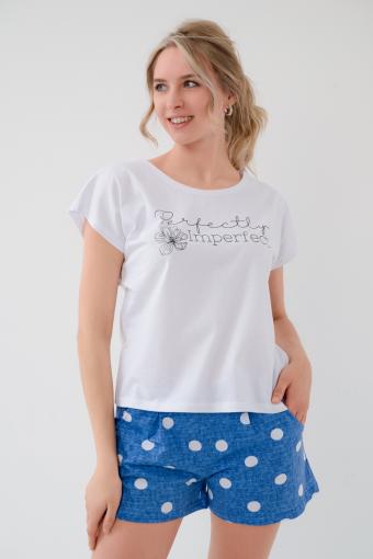 Пижама женская из футболки и шорт из кулирки Алиса горох синий (Фото 2)