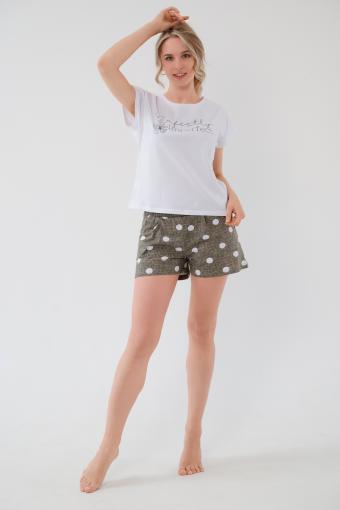Пижама женская из футболки и шорт из кулирки Алиса горох хаки (Фото 2)
