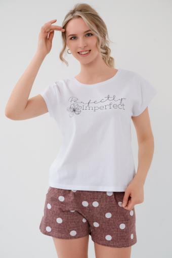 Пижама женская из футболки и шорт из кулирки Алиса горох бордо - Ивтекс-Плюс