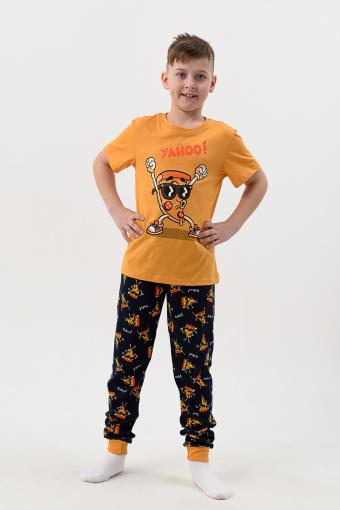 Пижама Пицца детская короткий рукав с брюками (Горчичный-т.синий) - Ивтекс-Плюс